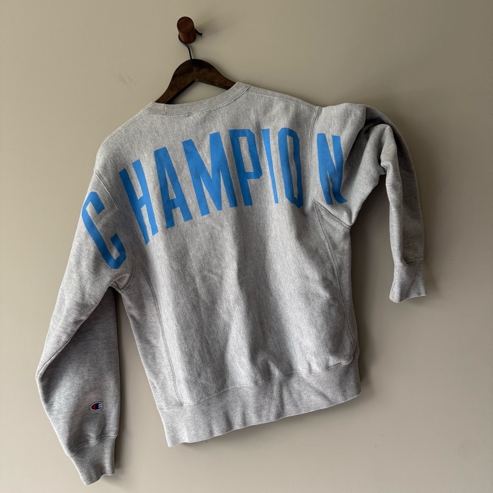 CHAMPION REVERSE WEAVE LARGE LOGO CREWNECK SWEATSHIRT GRAY BLUE SIZE MEDIUM